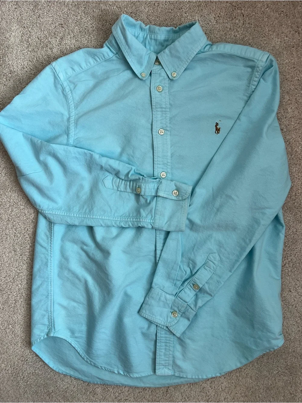 Ralph Lauren Boys Light Aqua Button-Down Dress Shirt w/ Pony Logo (Sz. L 14-16)